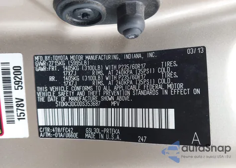 2013 Toyota Sienna Le V6 8 Passenger from USA, damaged, VIN 5TDKK3DC0DS353687